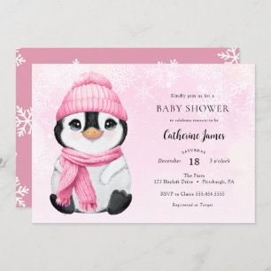 Invitación en Baby Shower a Pink Winter Penguin