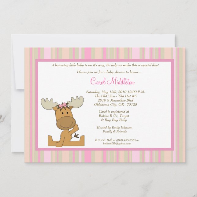 Invitación en Baby Shower a PinkGirl Woodland Moos (Anverso)