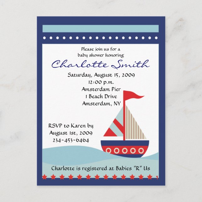 Invitación en Baby Shower a un barco de vela azul  (Anverso)