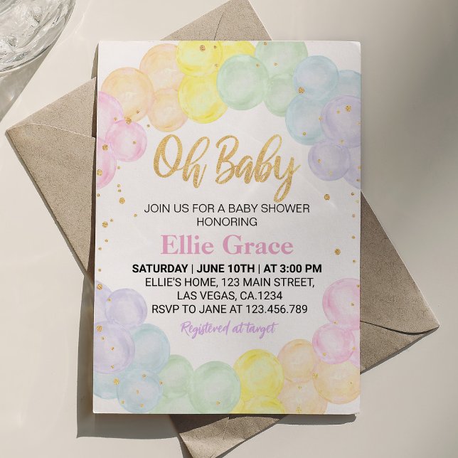 Invitación en Baby Shower al globo arcoiris Pastel (Subido por el creador)