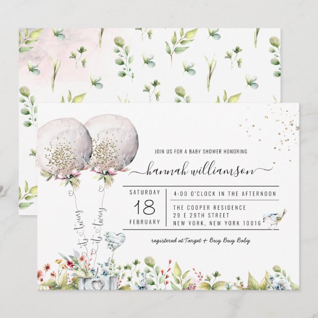 Invitación en Baby Shower al globo de lavanda de g (Anverso / Reverso)