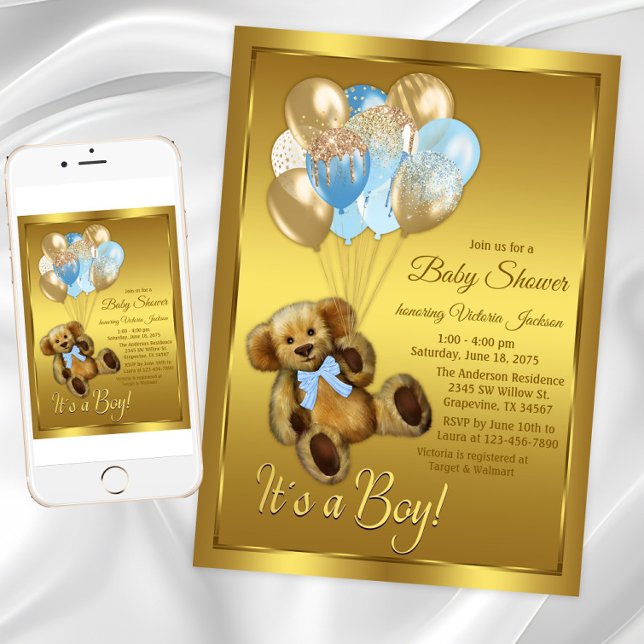 Invitación en Baby Shower al globo de Oso de Teddy (Boy teddy bear balloons baby shower invitation. Instant download and printed invitations available.)