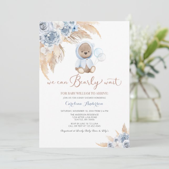 Invitación en Baby Shower al oso de gramaje pampas (Anverso de pie)