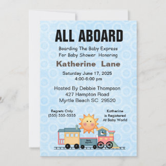 Invitación en Baby Shower al tren de la cigüeña az