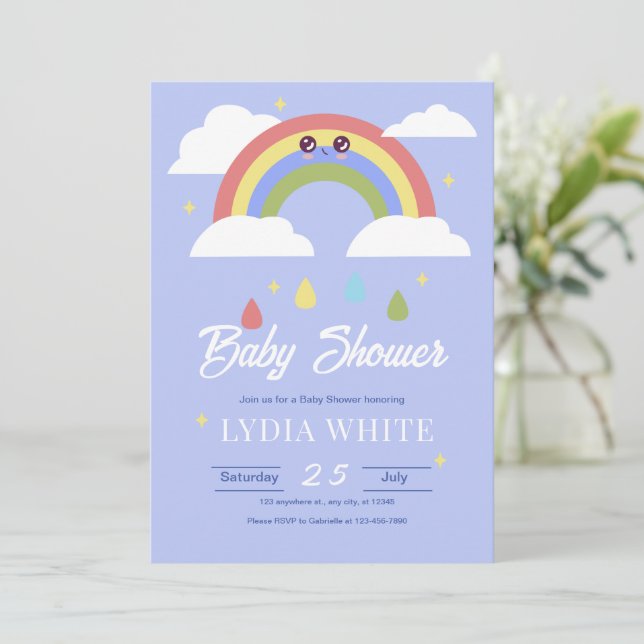 Invitación en Baby Shower con arco iris, Baby Boy  (Anverso de pie)