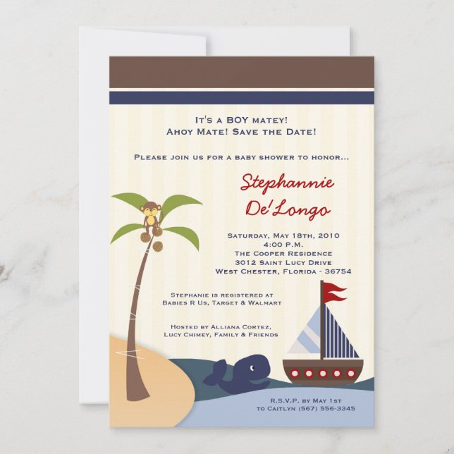 Invitación en Baby Shower de ballena Ahoy Mate (Anverso)