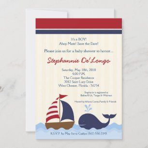 Invitación en Baby Shower de barco ballena náutico