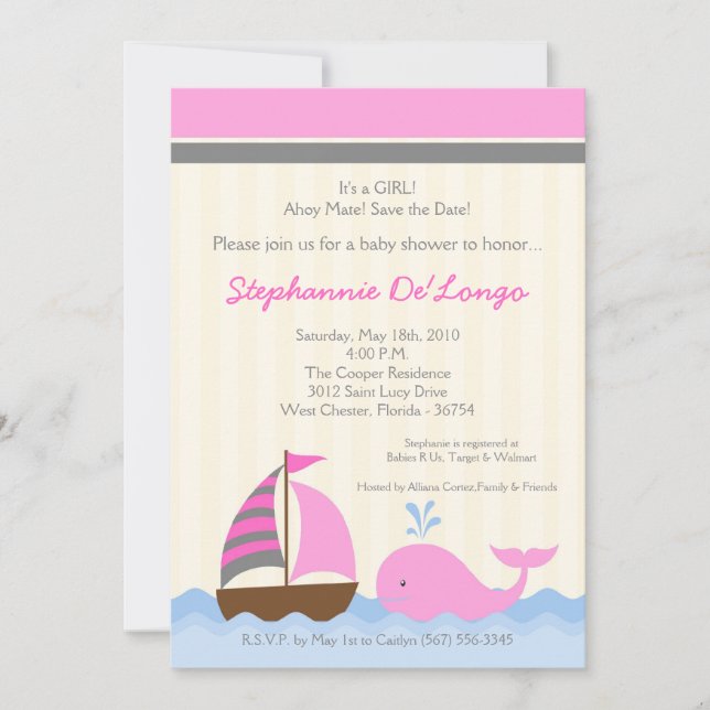 Invitación en Baby Shower de barco ballena náutico (Anverso)
