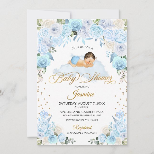 Invitación en Baby Shower de Blue Floral Sleeping (Anverso)