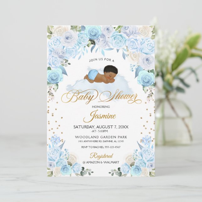 Invitación en Baby Shower de Blue Floral Sleeping (Anverso de pie)