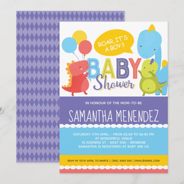 Invitación en Baby Shower de Dinosaurios de niño o (Anverso / Reverso)