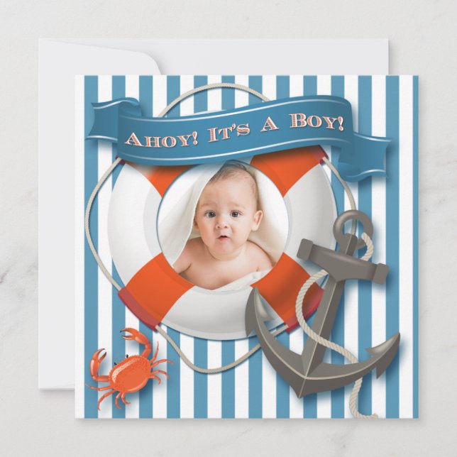 Invitación en Baby Shower de fotos náuticas azules (Anverso)