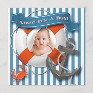 Invitación en Baby Shower de fotos náuticas azules
