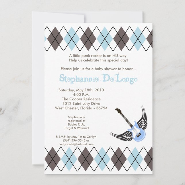 Invitación en Baby Shower de Guitarra de Rocker Pu (Anverso)