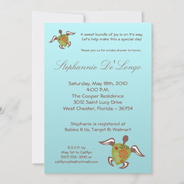 Invitación en Baby Shower de la tortuga marina las (Anverso)