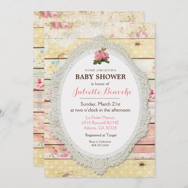 Invitación en Baby Shower de madera floral de Shab (Anverso / Reverso)