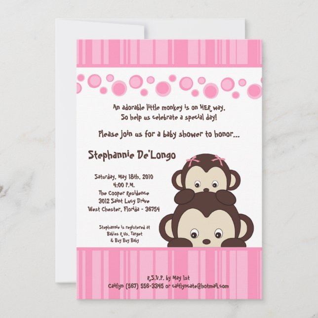 Invitación en Baby Shower de mono pop rosado de 5  (Anverso)