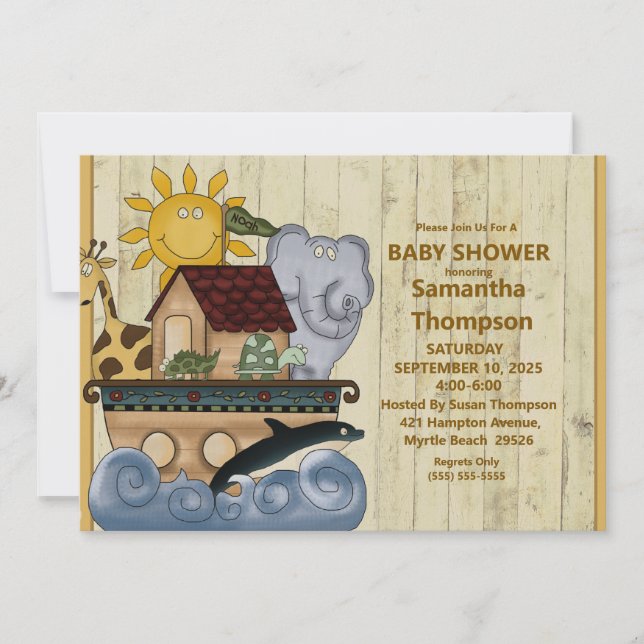 Invitación en Baby Shower de Noah's Ark Wood (Anverso)