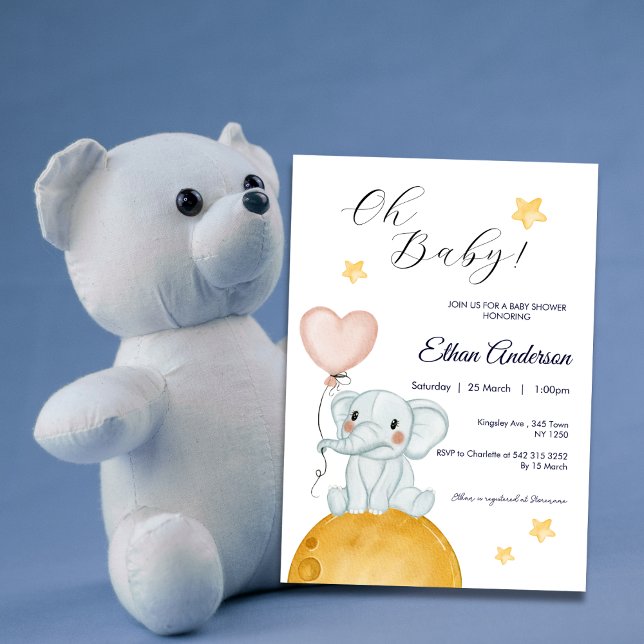 Invitación en Baby Shower de Oh Baby Elephant Ball (Oh Baby Elephant Balloon Baby Shower Invite)