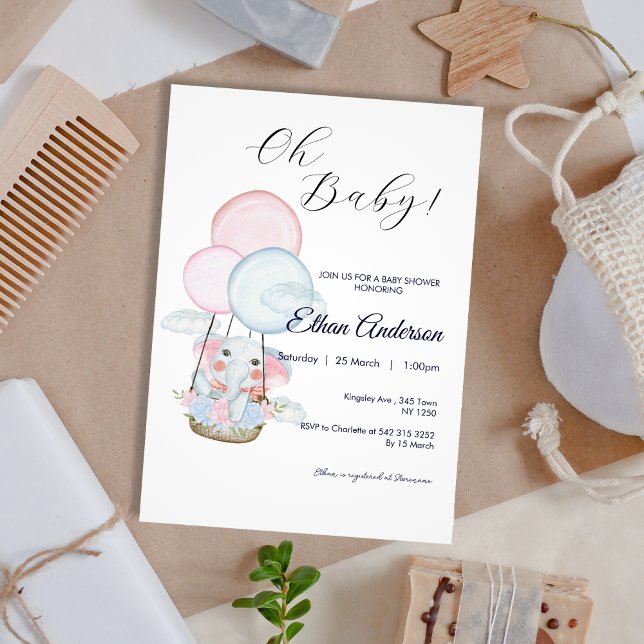 Invitación en Baby Shower de Oh Baby Elephant Ball (Oh Baby Elephant Balloon Baby Shower Invite)