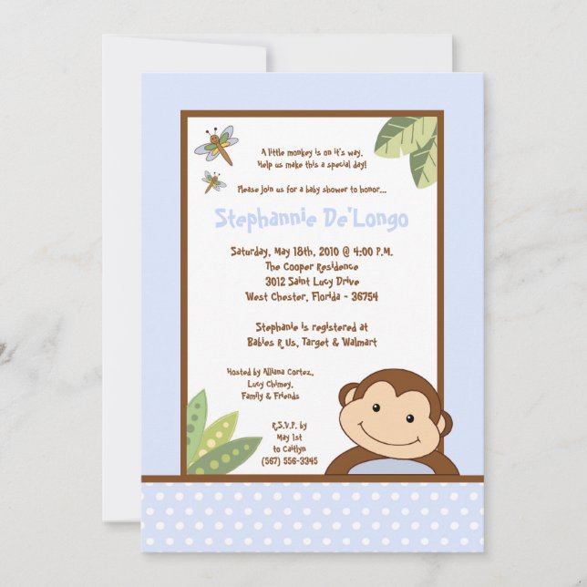 Invitación en Baby Shower de Papagayo Monkey Safar (Anverso)