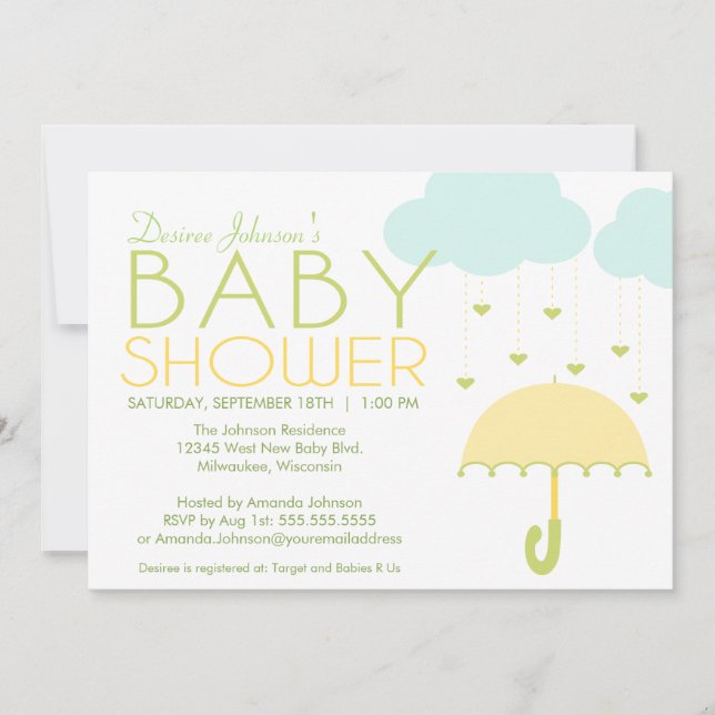 Invitación en Baby Shower de paraguas amarillo y v (Anverso)