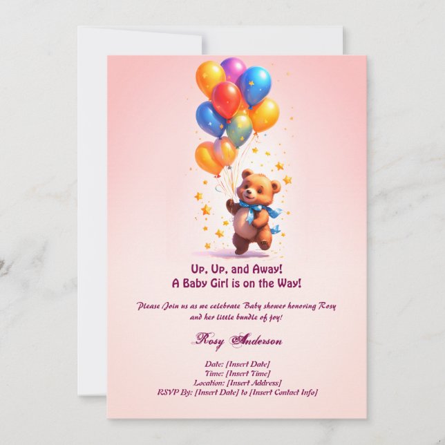 Invitación en Baby Shower de Teddy Bear para niña (Anverso)