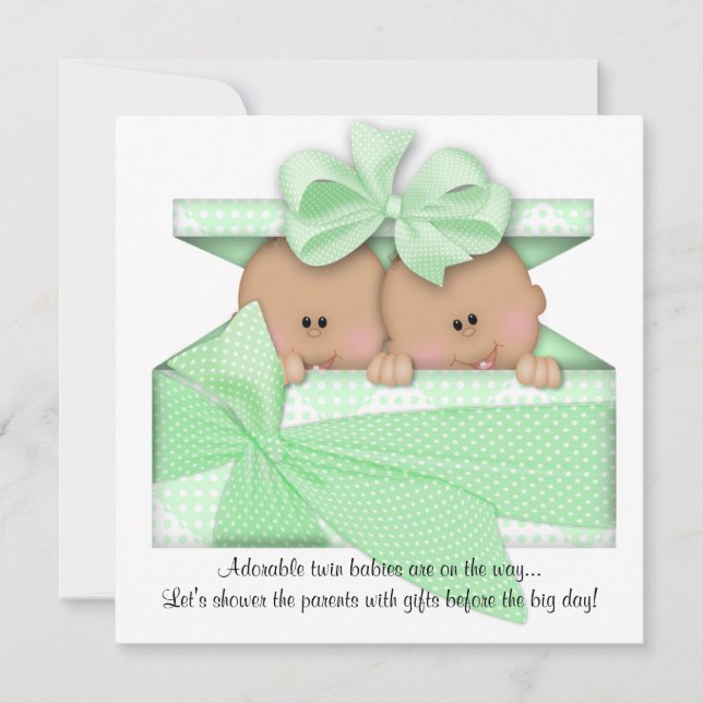 Invitación en Baby Shower de TWIN verde a los afro (Anverso)