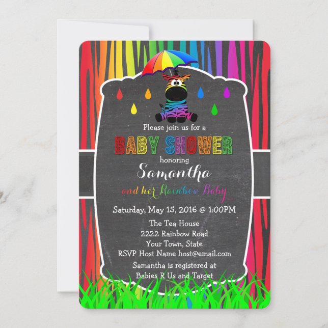 Invitación en Baby Shower del arco iris cebra (Anverso)