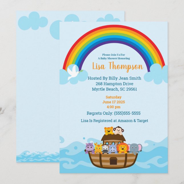 Invitación en Baby Shower del Arco Iris de Noé (Anverso / Reverso)