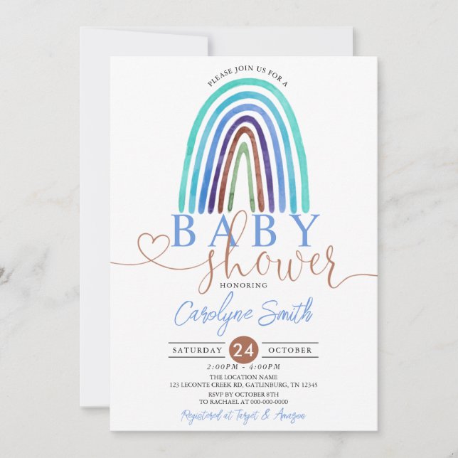 Invitación en Baby Shower del Blue Boho Rainbow (Anverso)