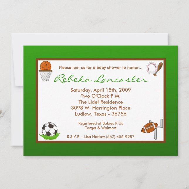 Invitación en Baby Shower para deportes de niños 5 (Anverso)
