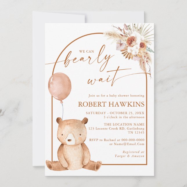 Invitación en Baby Shower para el oso boho neutro  (Anverso)