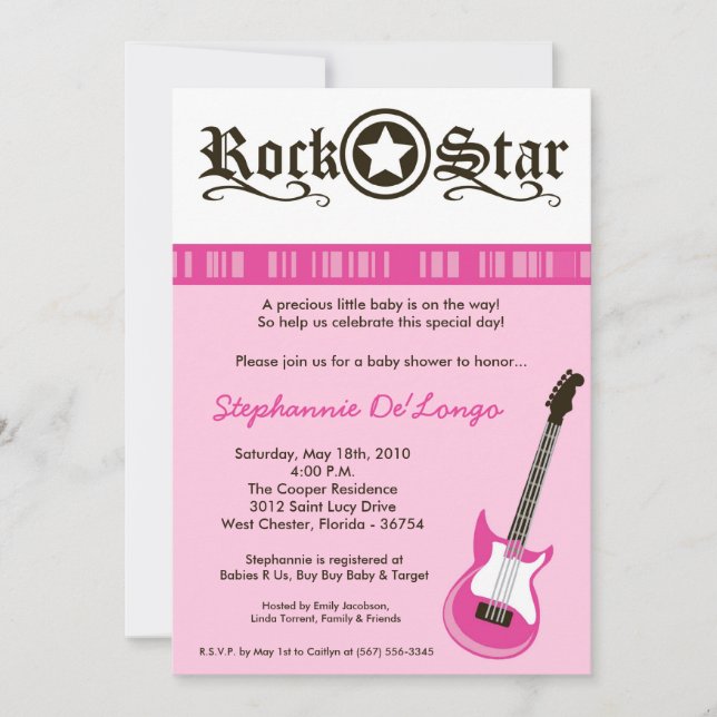 Invitación en Baby Shower para guitarra rock rosad (Anverso)