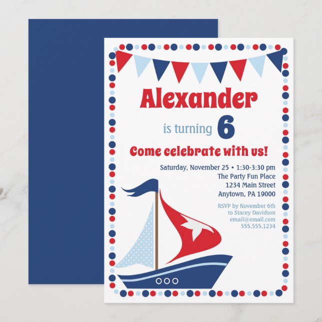 Invitación en barco de vela Niños Fiesta de cumple (Anverso / Reverso)