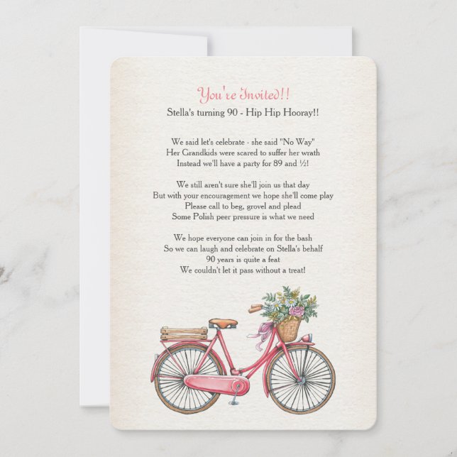 Invitación en bicicleta rosa personalizada (Anverso)