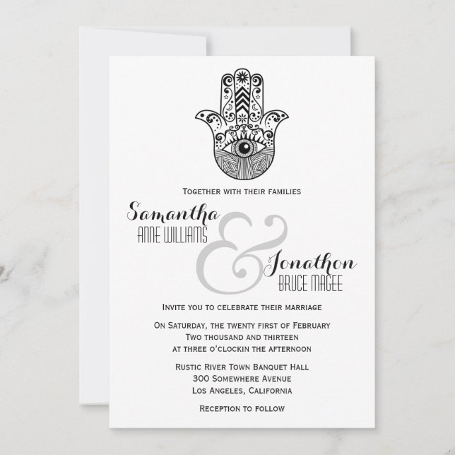 Invitación en blanco y negro de Boda de mano de Ha (Anverso)