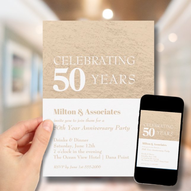 Invitación en blanco y oro a aniversario de negoci (Change to ANY YEAR. Order printed and instant download (great to email as a reminder.))