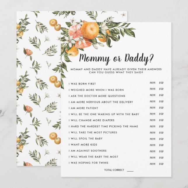 Invitación En Bloom Baby Shower | Juego de mamá o papá (Anverso / Reverso)