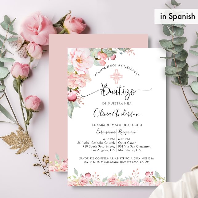 Invitación En castellano, elegante bautismo Rubor Floral rosa (Subido por el creador)