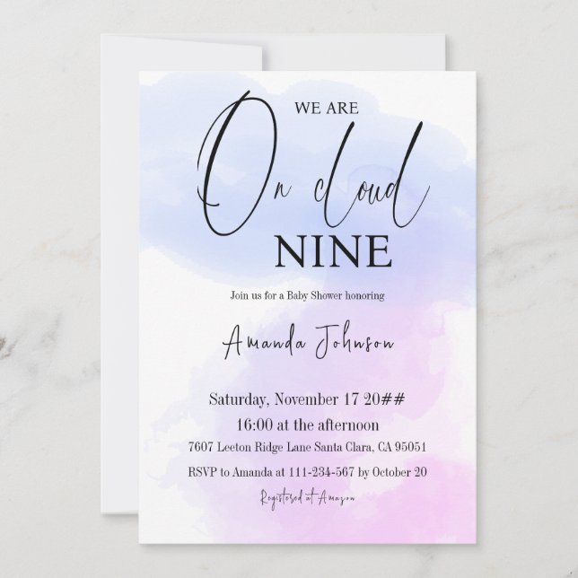 Invitación En Cloud Nueve Calligraphy Blue Pink Baby Shower (Anverso)