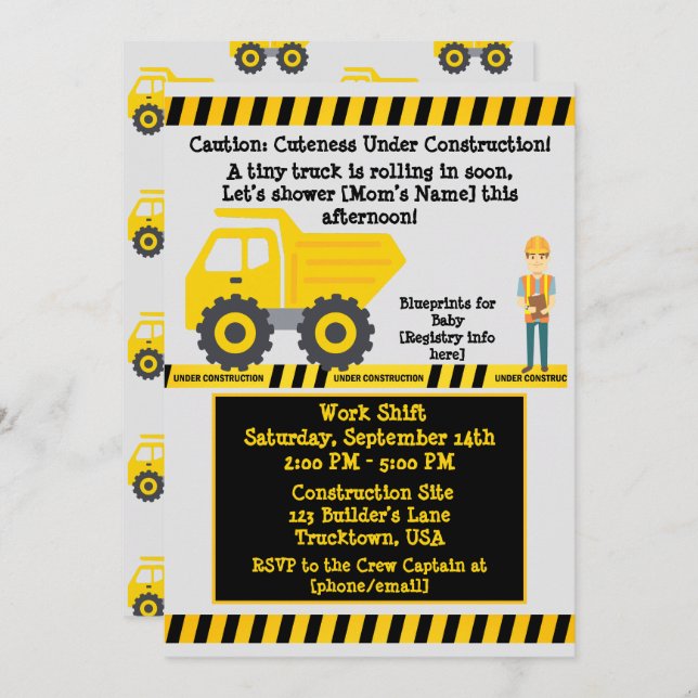 Invitación En construcción bebé de construcción de camión ama (Anverso / Reverso)