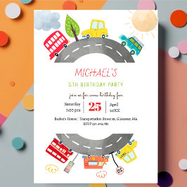 Invitación En el camino vehículos felices cumpleaños del niño