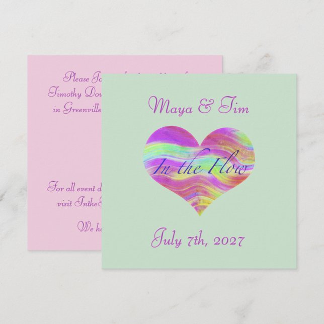 Invitación En el Flujo del Amor Corazón Rosa y Verde (Anverso / Reverso)