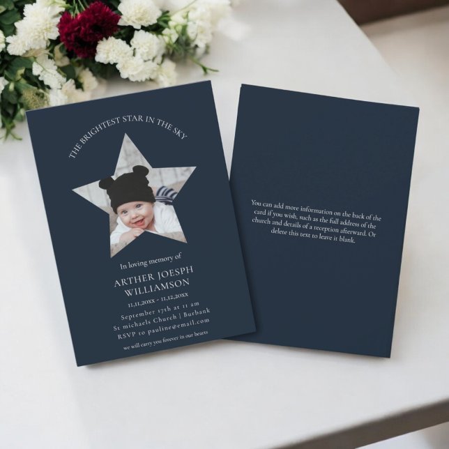 Invitación en el funeral de niño con la estrella más brillant (baby and infant loss , breavemnt , baby funeral invitation )