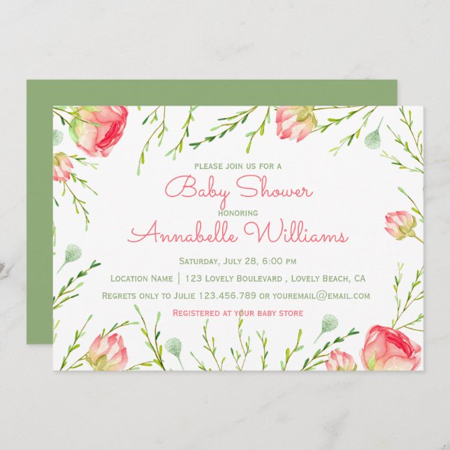 Invitación En el jardín | Watercolor Floral Baby Shower (Anverso / Reverso)