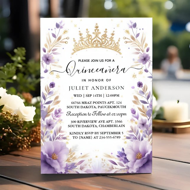 Invitación En el oro real Tiara Lilac luz púrpura Quinceanera (Subido por el creador)