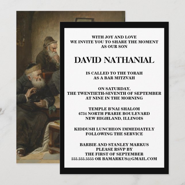 Invitación "En el rabino" por Carl Schleicher Bar Mitzvah (Anverso / Reverso)