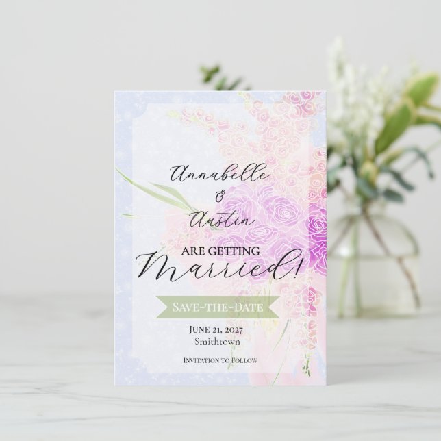 Invitación En el ramo de lazo transparente azul - Rosa dulce  (Anverso de pie)