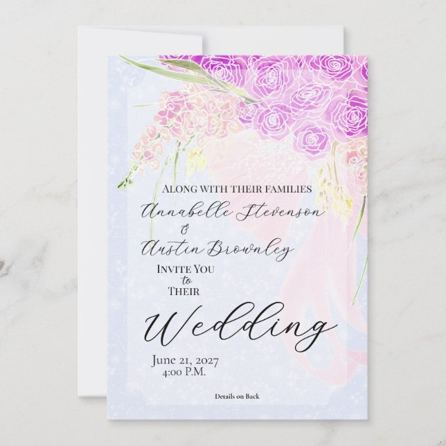 Invitación En el ramo de lazo transparente azul rosa dulce (Anverso)